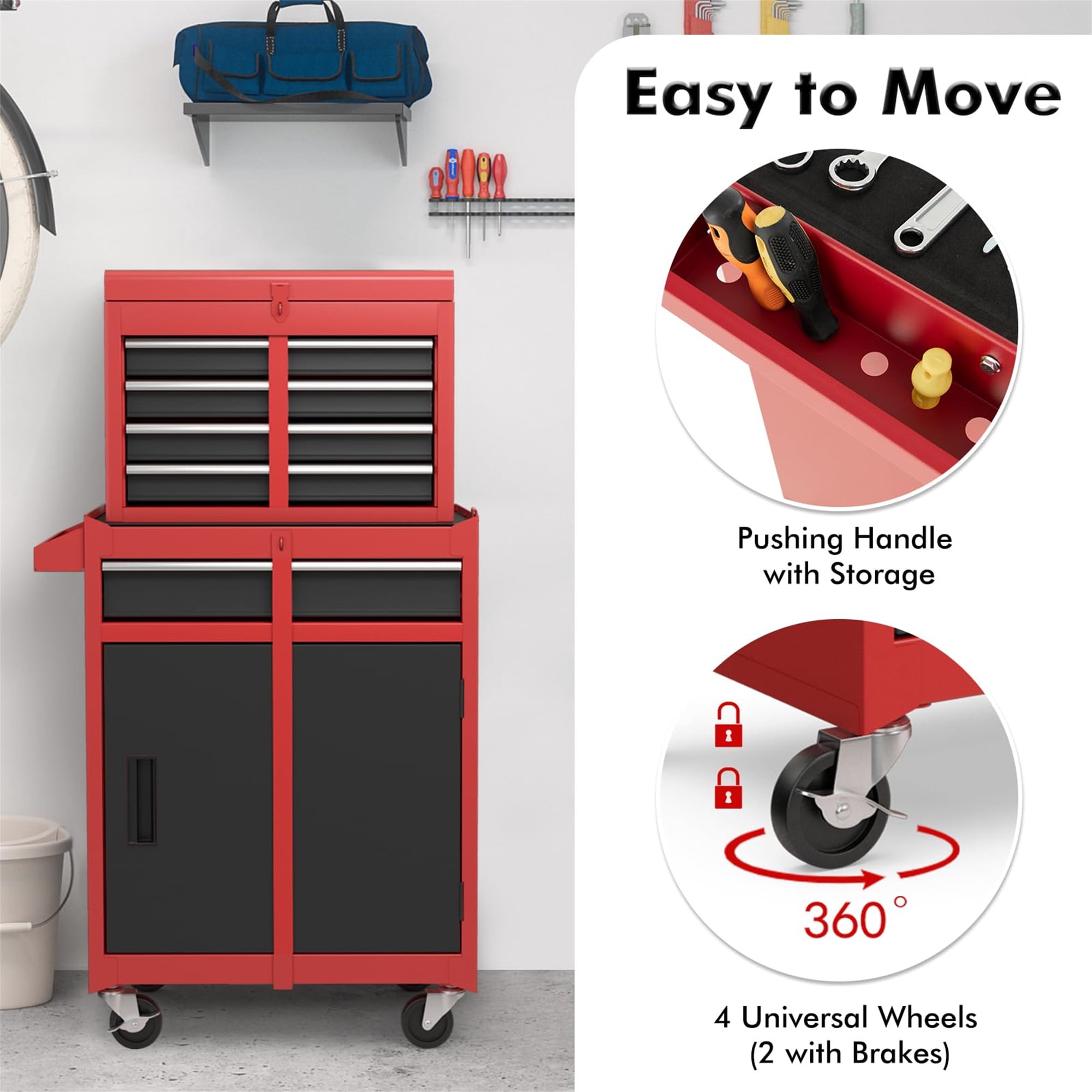 Aukfa Tool Box, 2-in-1 Rolling Tool Chest & Cabinet on Wheels for Garage Workshop, 5-Drawer, Red&Black