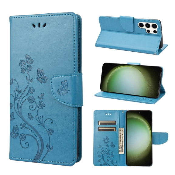 TECH CIRCLE Butterfly Case for 2023 Galaxy S23 Ultra - Cute Wallet Case with Stand, Blue
