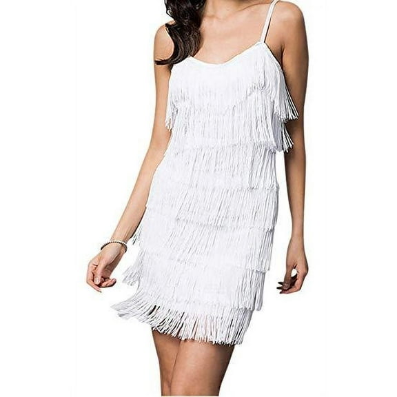 Cheryl Creations Women's Short All-Over Fringe Flapper Sleeveless Comfortable Mini Dress (White X-Large