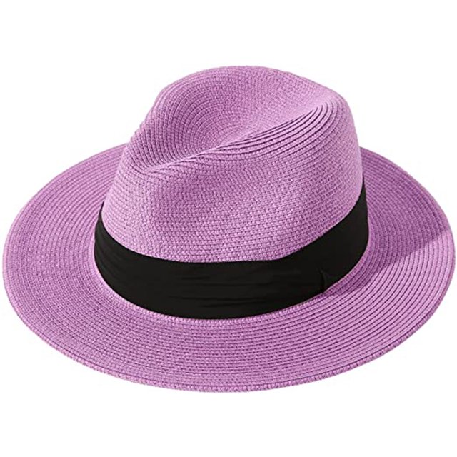 Sombrero Panamá enrollable de paja de ala ancha para mujer, cinturón con hebilla, sombrero de playa Fedora UPF50+ (10 morado) brillar Electrónica