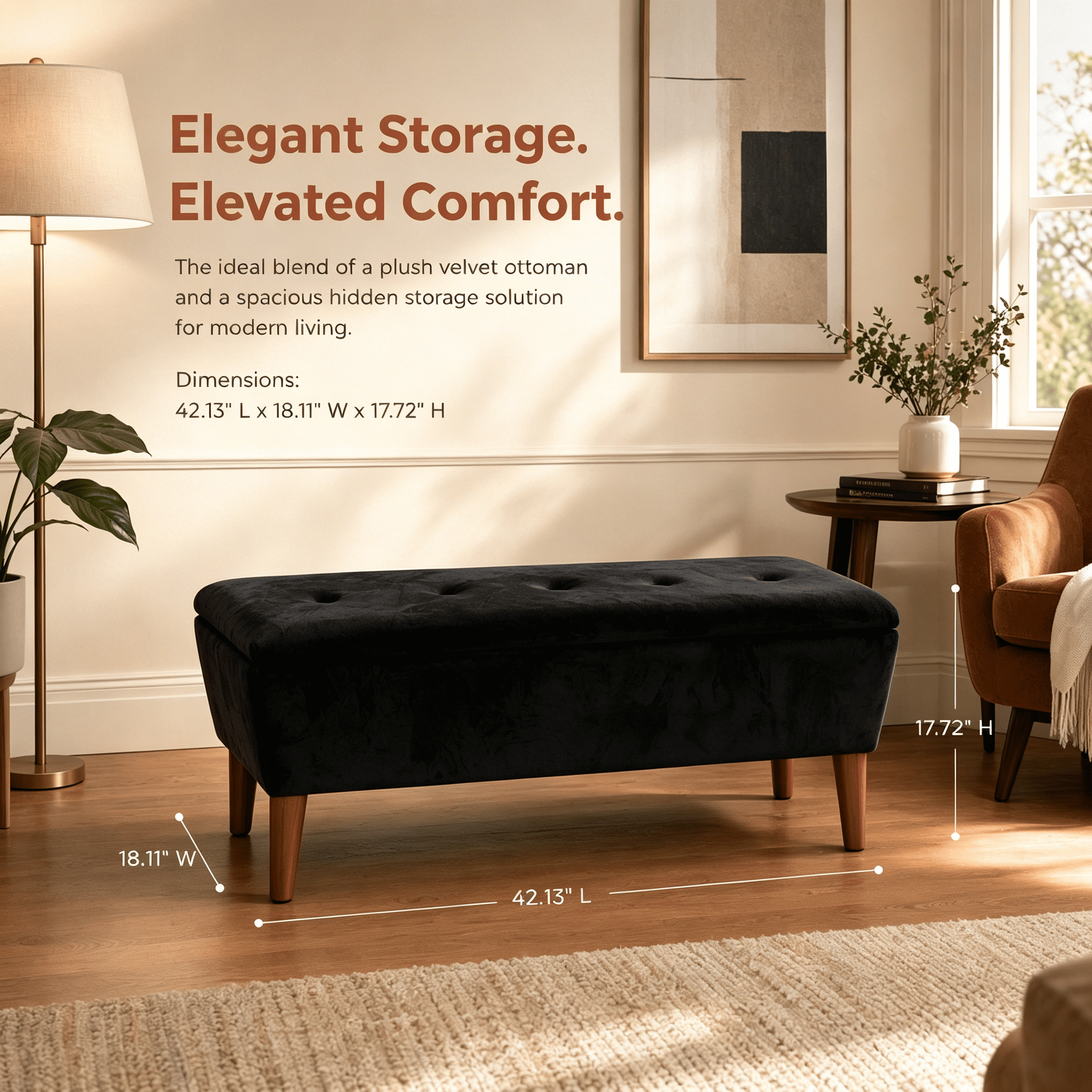 42" Rectangular Linen Upholstered Ottoman Bench, Solid Wood Tapered Legs Multi-Use Entryway Shoe Bench End of Bed Footrest Stool for Living Room Bedroom Small Spaces