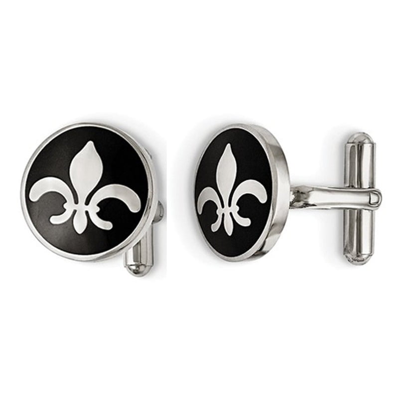 Mens Black Enameled Fleur De Lys Cuff Links in Stainless Steel