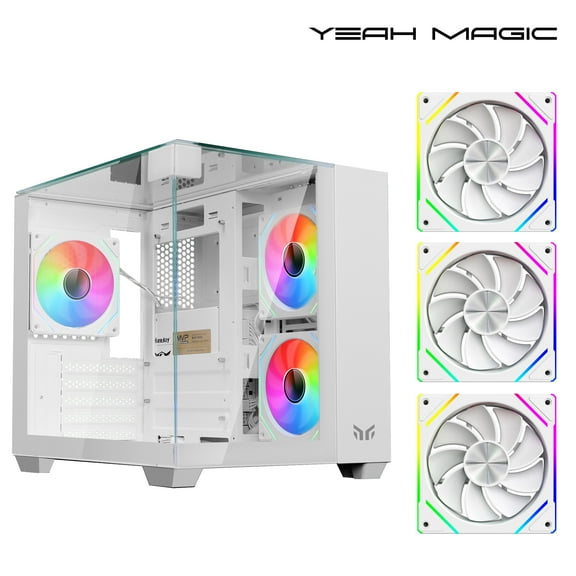 YEAH MAGIC CUBE Gaming computer Case,Tempered Glass ,Three-sided transparent, support MATX, ITX,With 3 RGB Fans, 3D panoramic view, left and right compartments Gaming desktop Case,White