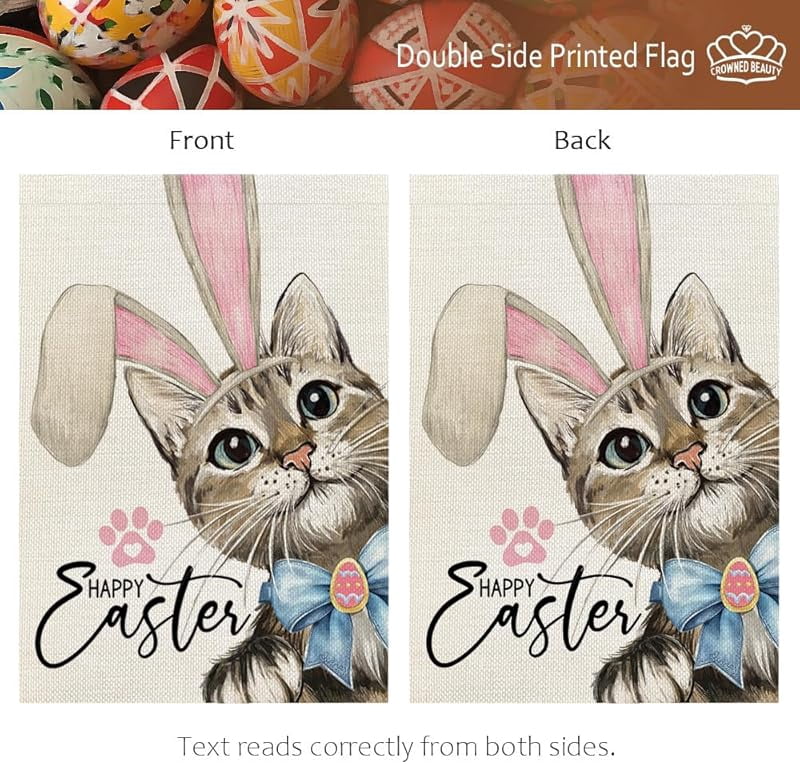 Happy Easter Cat Garden Flag Double Sided for Outside Small Burlap Rabbit Ear Holiday Yard Decoration