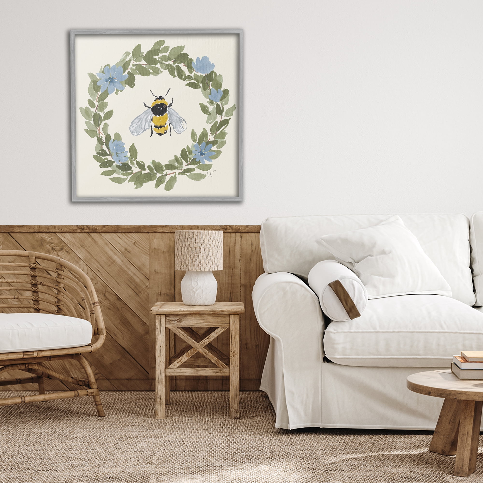 Stupell Industries Floral Wreath Bee Celebration Gray Framed Giclee Art, design by Lucille Price