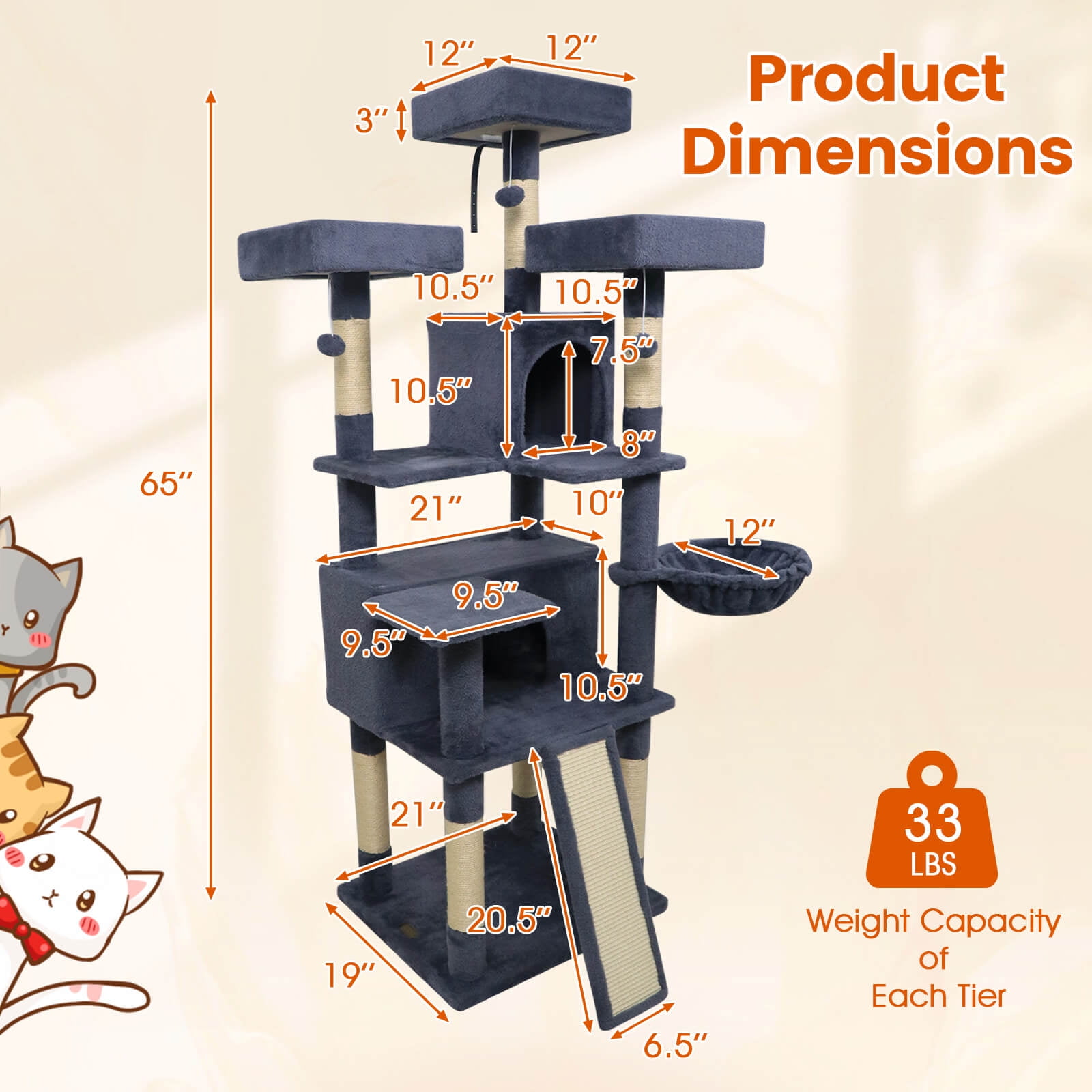 Costway 65” Tall Multi-level Cat Tree with 3 Upholstered Top Perch 2 Cat Condos Cat Basket Dark Gray