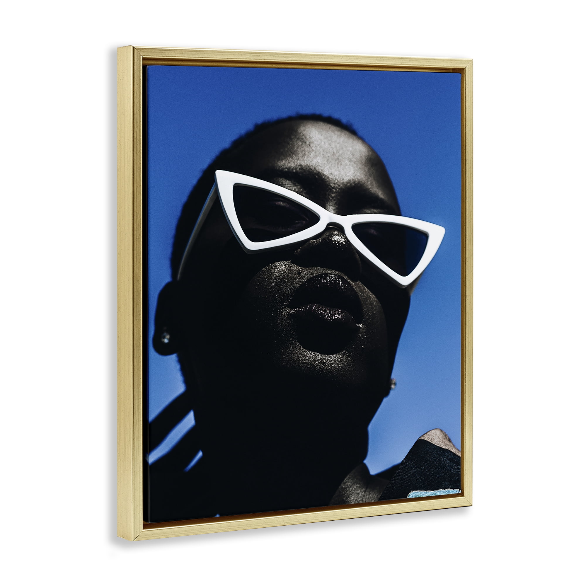 Stupell Industries Stylish Sunglasses on Blue People Photography Gold Floater Framed Canvas Art Print Wall Art, 17 x 21