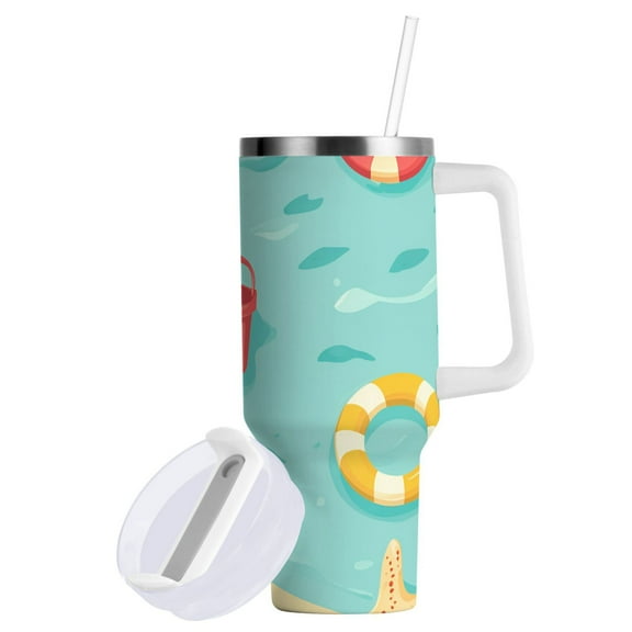 Yayeee 40oz Stainless Steel Tumbler with Straw and Handle Double-Wall Insulated Travel Water Bottle, Blue Beach Pattern