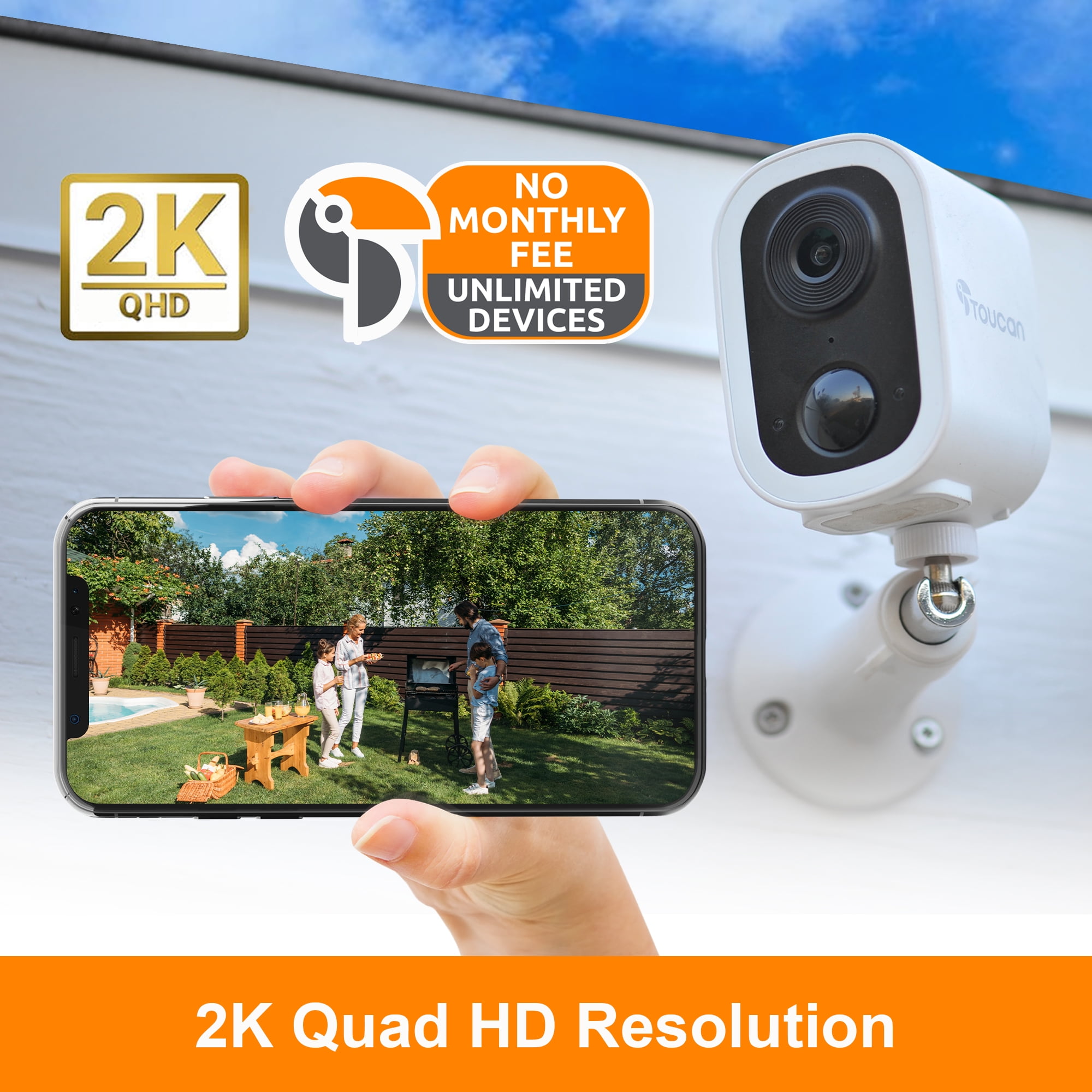 Toucan Wireless Security Camera S4 2-Pack, 2K Video, No Monthly Fees, Weatherproof, 2.4 GHz Wi-Fi, Rechargeable, Smart PIR Motion Sensor, Auto Greetings, two-way talk
