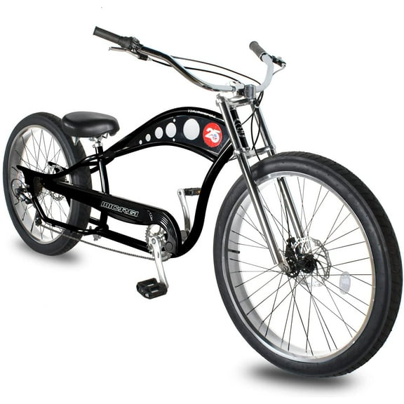 WonderWheels 26" Stretch Cruiser Shimano TX-35 7SP with Disc Brake (F&R) Moon-Type Handlebar, Alloy Polish Rims, 26x4.0 Black Tire - Black