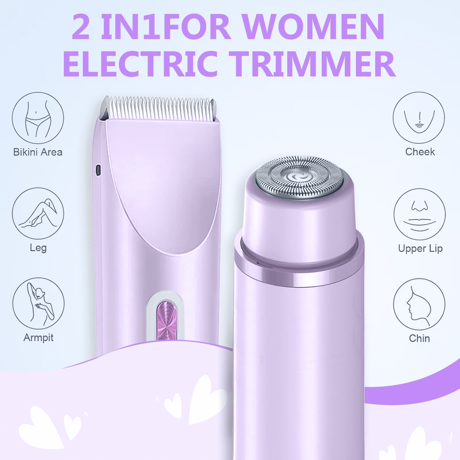 TripleHBB Electric Trimmer for Women,Electric Shaver and Razor Rechargeable 2-in-1 Body and Facial Epilator,  Dual-Head Electric Razor , IPX7 Waterproof