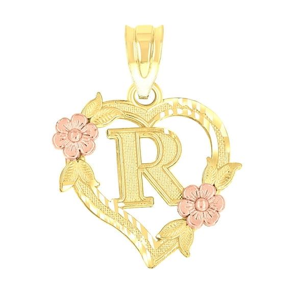 10kt Two-Tone Gold Womens Heart Flower Initial Letter R Charm Pendant