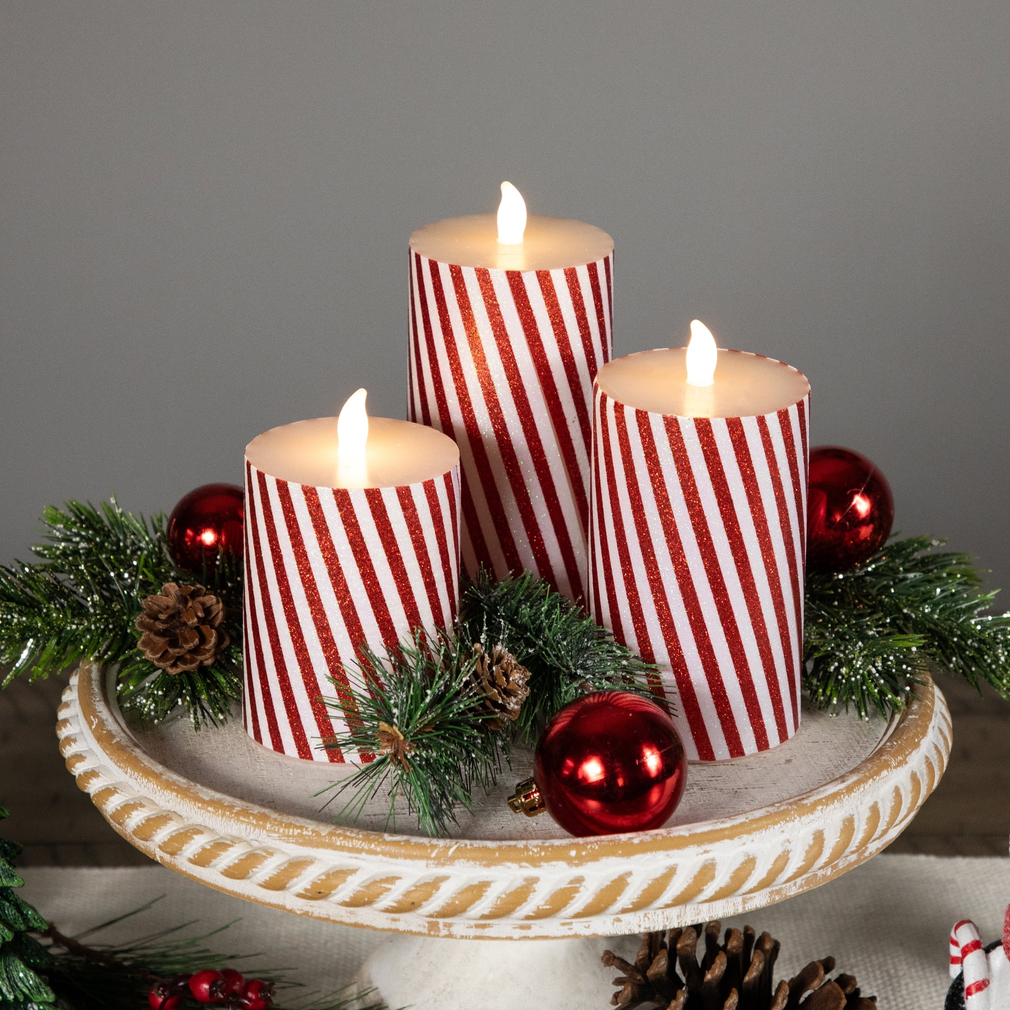 Northlight LED Flickering Flameless Candy Cane Striped Christmas Wax Pillar Candles - 6" - Set of 3