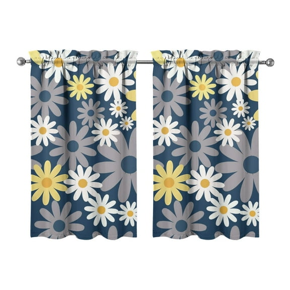 2 PCS Daisy Floral Kitchen Curtains Set - Boho Vintage Yellow White Watercolor Print Semi-Sheer Tier Curtains with Rod Pocket 27.5x39 Inch