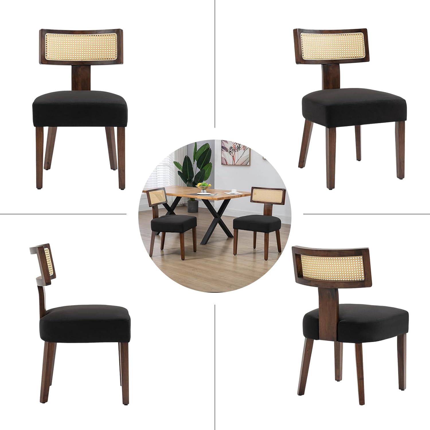 Newnno Rattan Dining Chairs Set of 4, Mid-Century Modern Kitchen & Living Room Chair with Cane Curved Back & Hardwood Frame in Dark Walnut Finish, Black Linen Upholstered