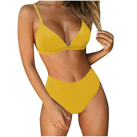 RYDCOT Women Bandeau Padded Push Up Swimsuit Swimwear Beachwear Swimwear Bikini Set Yellow S