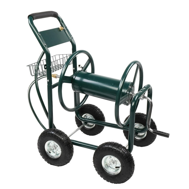 Garden Hose Reel Cart - 4 Wheels Portable Garden Hose Reel Cart with  Storage Basket Rust Resistant Heavy Duty Water Hose Holder