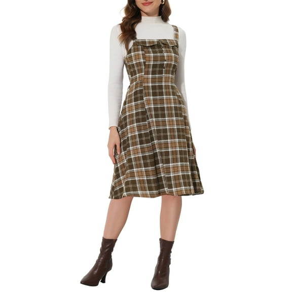 INSPIRE CHIC Women's Suspender Dress Retro Plaid Square Neck A-Line Midi Overall Dress S Brown