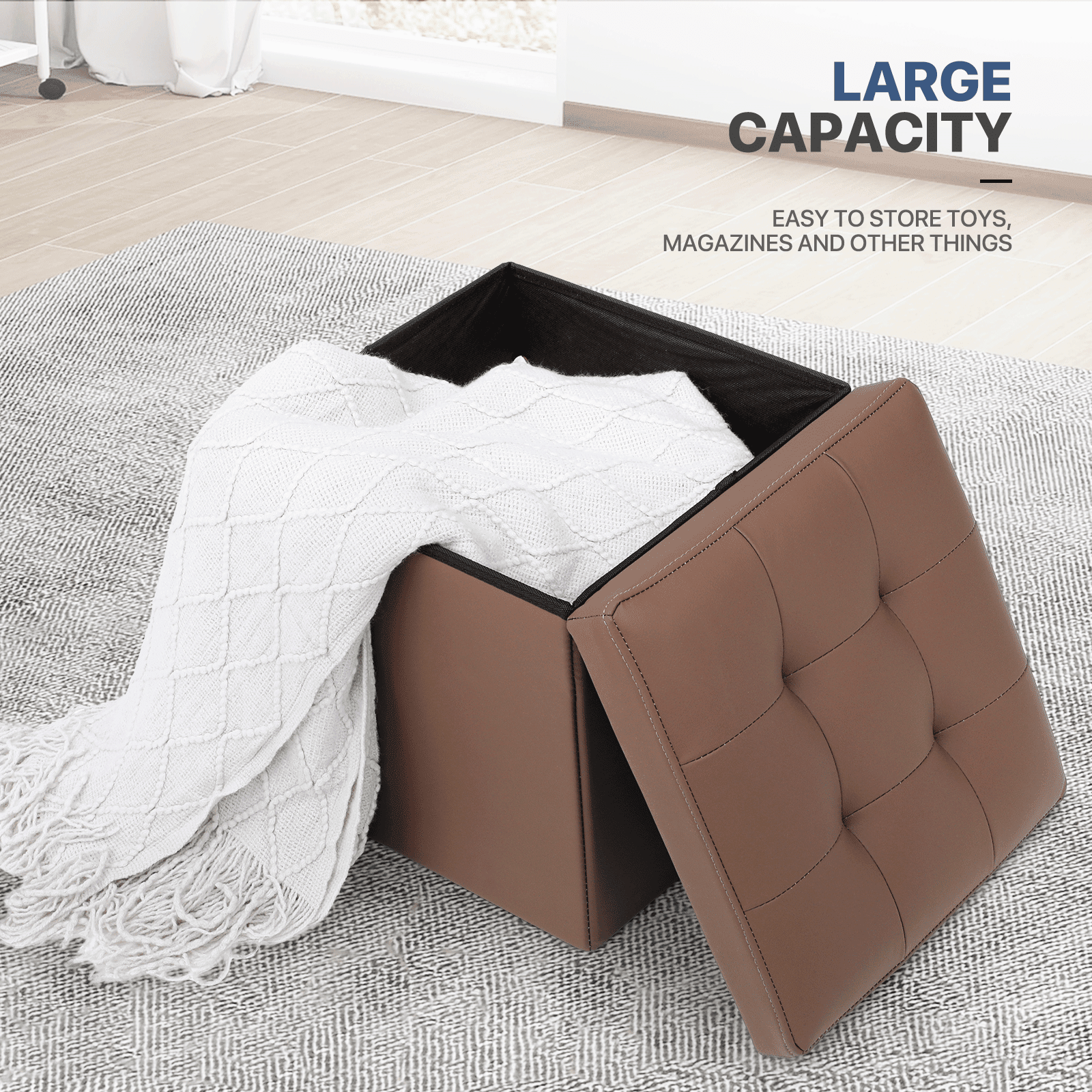MoNiBloom 15" Cube Collapsible Ottoman with Storage, PU Leather Storage Ottoman Footrest, for Living Room Bedroom Entryway, Brown