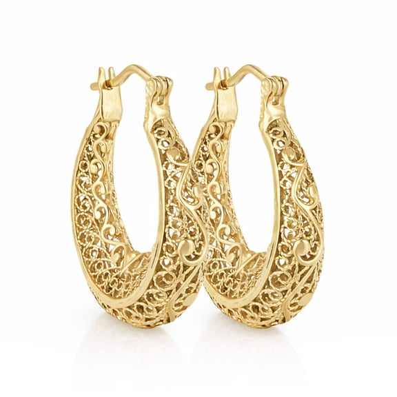 Elegant Filigree Gold Hoop Earrings with Intricate Scrollwork Design
