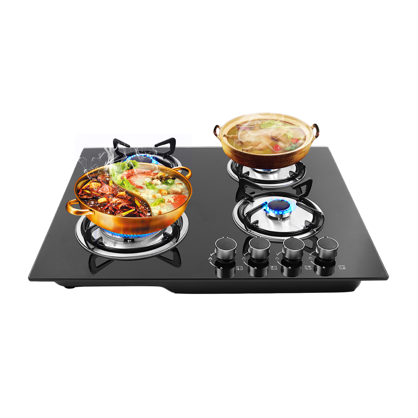 1 PCS Black 4 Burner Gas Cooktops, Used in Homes, Hotels, Restaurants, for Frying, Boiling, Stewing and Braising