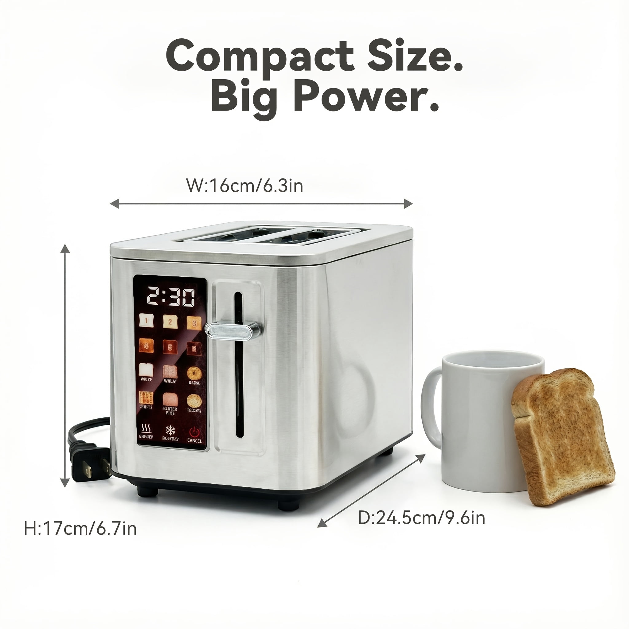 Smart Digital Touch 2-Slice Toaster with Anti-Burn, 6 Bread Types & Shade Levels, Bagel/Defrost/Reheat, 5.1" Slot, Removable Crumb Tray