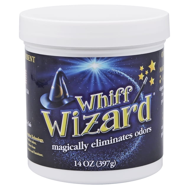 asistente de olor whiff wizard 14 oz (307) g tarro cilíndrico blanco con tapa, etiqueta azul oscuro con logo Whiff Wizard y leyenda en inglés "magically eliminates odors", motivos de estrellas y brillo, vista frontal de producto importado para limpieza y botes de basura; a menudo usado también para neutralizar olores en closets o áreas pequeñas.