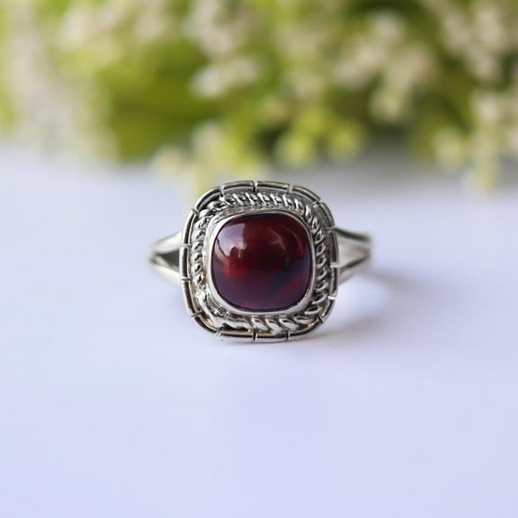 SS DESIGNS Handmade Red Garnet Ring | 925 Sterling Silver Statement Jewelry | January Birthstone Gift | Dainty Charm Boho Ring for Women
