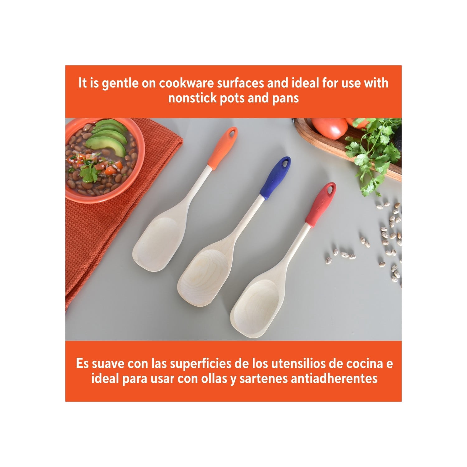 (2 pack) IMUSA  12in Wood Spoon with Silicone Grip, Small
