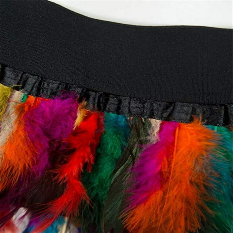 SWSMCLT Women s Halloween Tutu Skirts Mardi Gras Feather Skirt Iridescent Belly Dance Mini Tulle Fringe Gothic Skirt Multicolored Rainbow Large