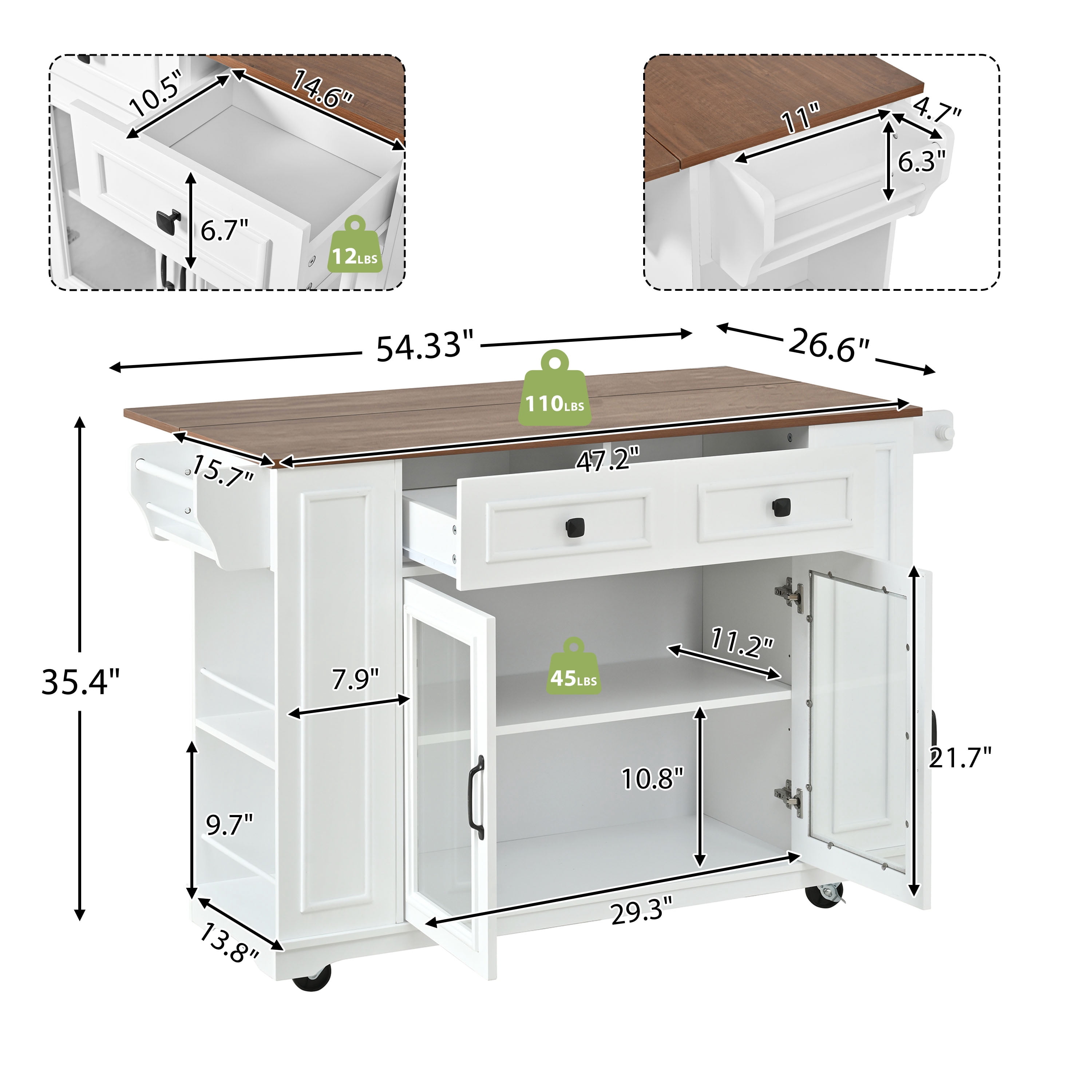 54" Mobile Kitchen Island with Glass Door Storage, Power Outlet & Open Shelves, Rolling Kitchen Cart with Towel Rack, Spice Rack & Knife Holder, Functional Kitchen Prep Table for Kitchen, Dining