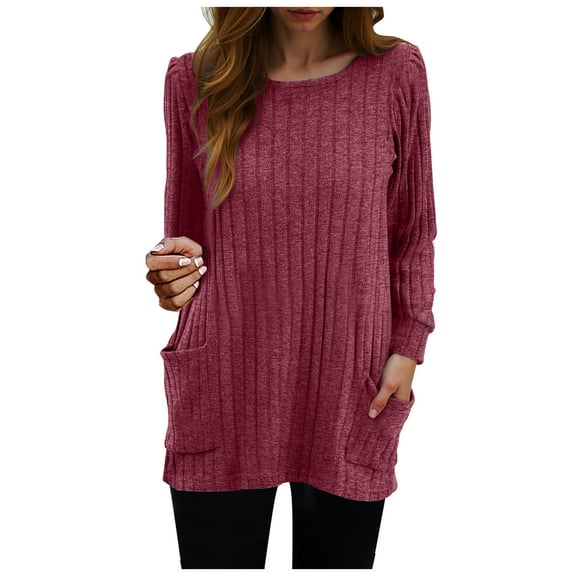 GEWSEY Long Sleeve Shirts for Women Long Sweaters with Pockets Tunic Tops Loose Fit (Red, XXL)