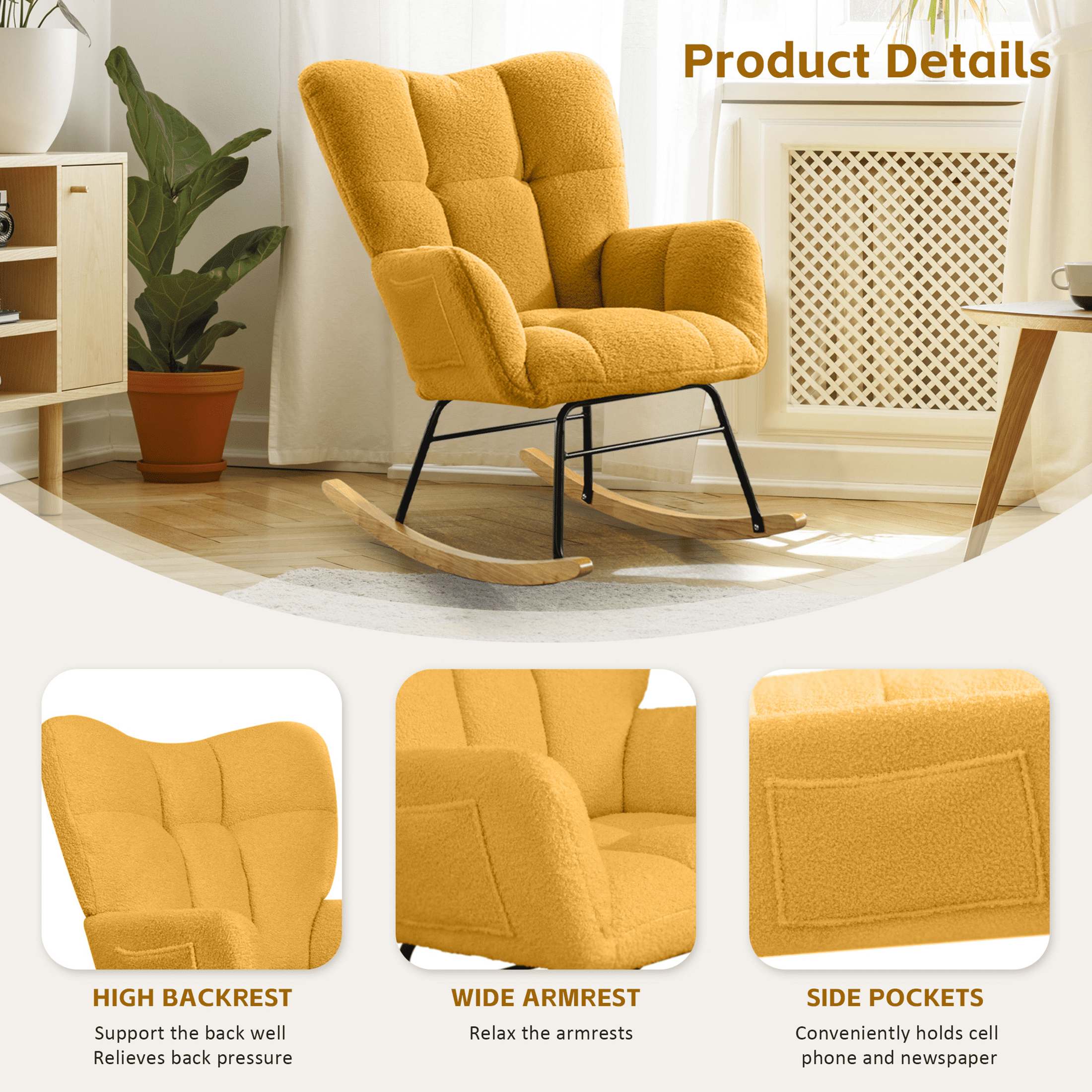 PAPROOS Modern Teddy Fabric Rocking Chair, Accent Rocker Chair with High Backrest, Accent Glider Rocker for Living Room Bedroom Playroom，Yellow