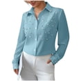 thumbnail image 2 of Otntypg Women's Pearl Elegant Tops Button Down Shirts Dressy Casual V Neck Solid Color Long Sleeve Work Office Collared Tunic Blouse Light Blue XXXL, 2 of 7