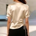 thumbnail image 3 of cocolona Womens Summer Satin Tops V Neck Short Sleeve Drawstring Side Slim Fit Shirt Trendy Casual Solid Color Blouses, 3 of 5