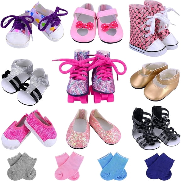 ECORELF 9 Pairs Shoes & 4 Pairs Socks for 18 inch Girl Doll – Sandals, Casual, Canvas, Roller Skates