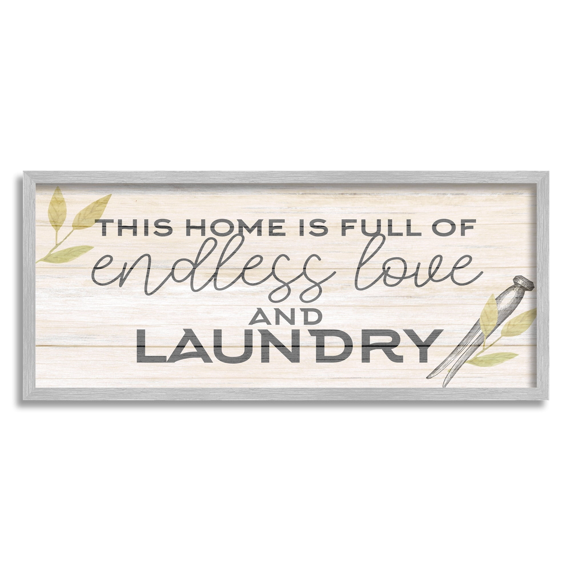 Stupell Industries Rustic Home Laundry Clothespin Sign Botanical Motif Framed Wall Art, 24 x 10, Design by Kim Allen