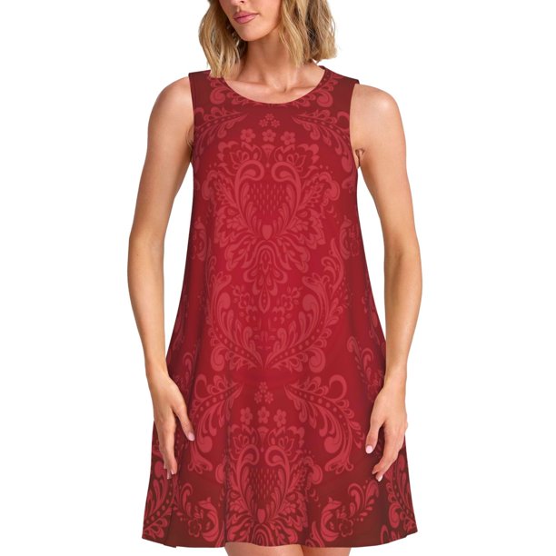 Balery Vintage Burgundy Vestidos de verano para mujer con estampado: vestido holgado sin mangas, vestido playero informal y cómodo para días calurosos.