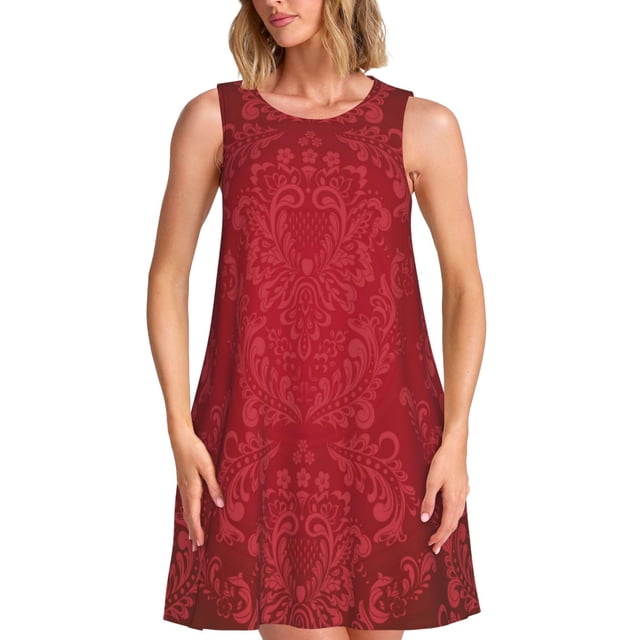 Balery Vintage Burgundy Vestidos de verano para mujer con estampado: vestido holgado sin mangas, vestido playero informal y cómodo para días calurosos.