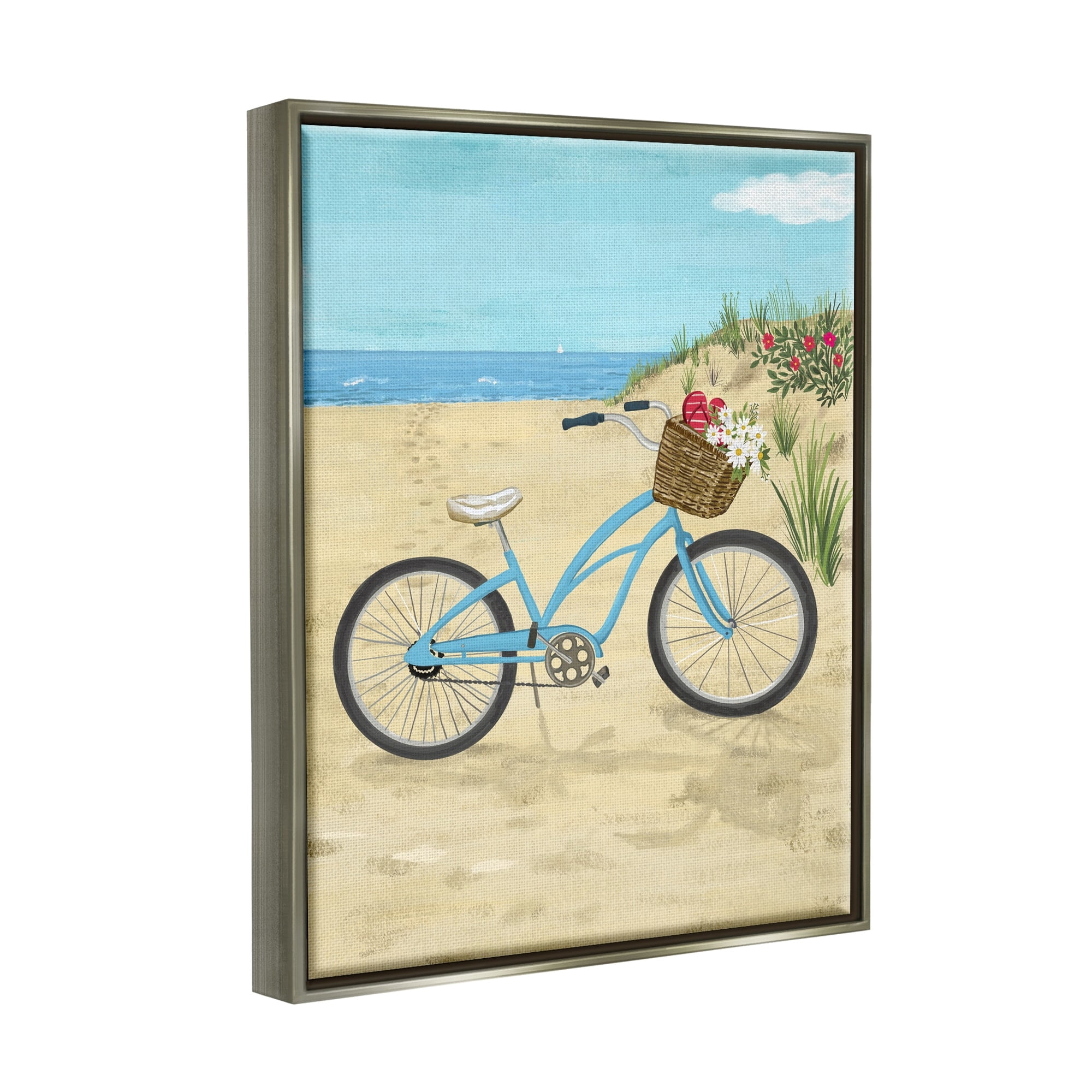Stupell Industries Blue Bicycle Flower Blossom Basket Beach Sand Painting Luster Gray Floating Framed Canvas Print Wall Art, Design by Sharon Lee