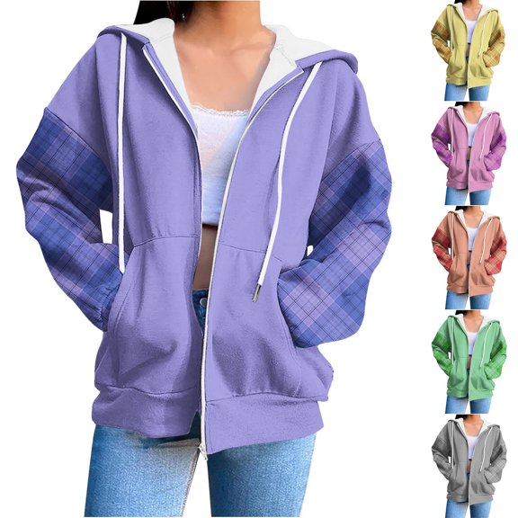 ThriftyPlait Hooded Zip Up Jacket for Women Casual Plaid Long Sleeve Full Zip Coat Drawstring Loose Fit Sweatshirt with Pockets Daily Fashion Outerwear