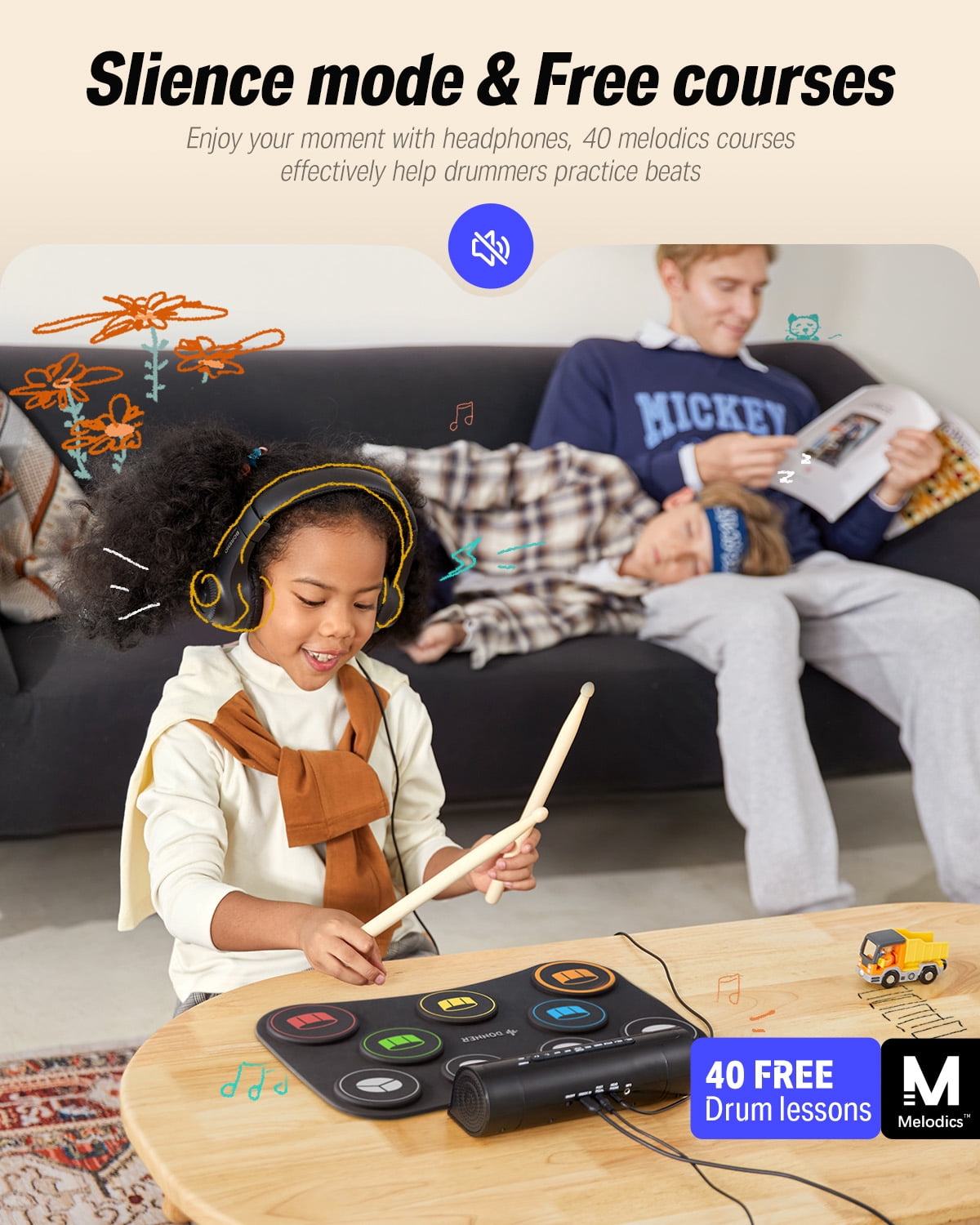 Donner 9 Pads Kids Adults Electronic Drum Sets Kit with Dual Speaker, Musical toys Drum
