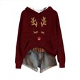 thumbnail image 2 of Women's Knit Christmas Deer Printed Hooded Sweatshirt, Cute Long Sleeve Pullover Hoodie, Fall Winter Fashion Casual Top,Wine,S, 2 of 5