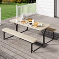 thumbnail image 2 of Dextrus Picnic Table Bench Set 6 ft Outdoor Camping with Stable Steel Frame & Wooden Texture Tabletop Weather Resistant w/Umbrella Hole - Light Brown, 2 of 6