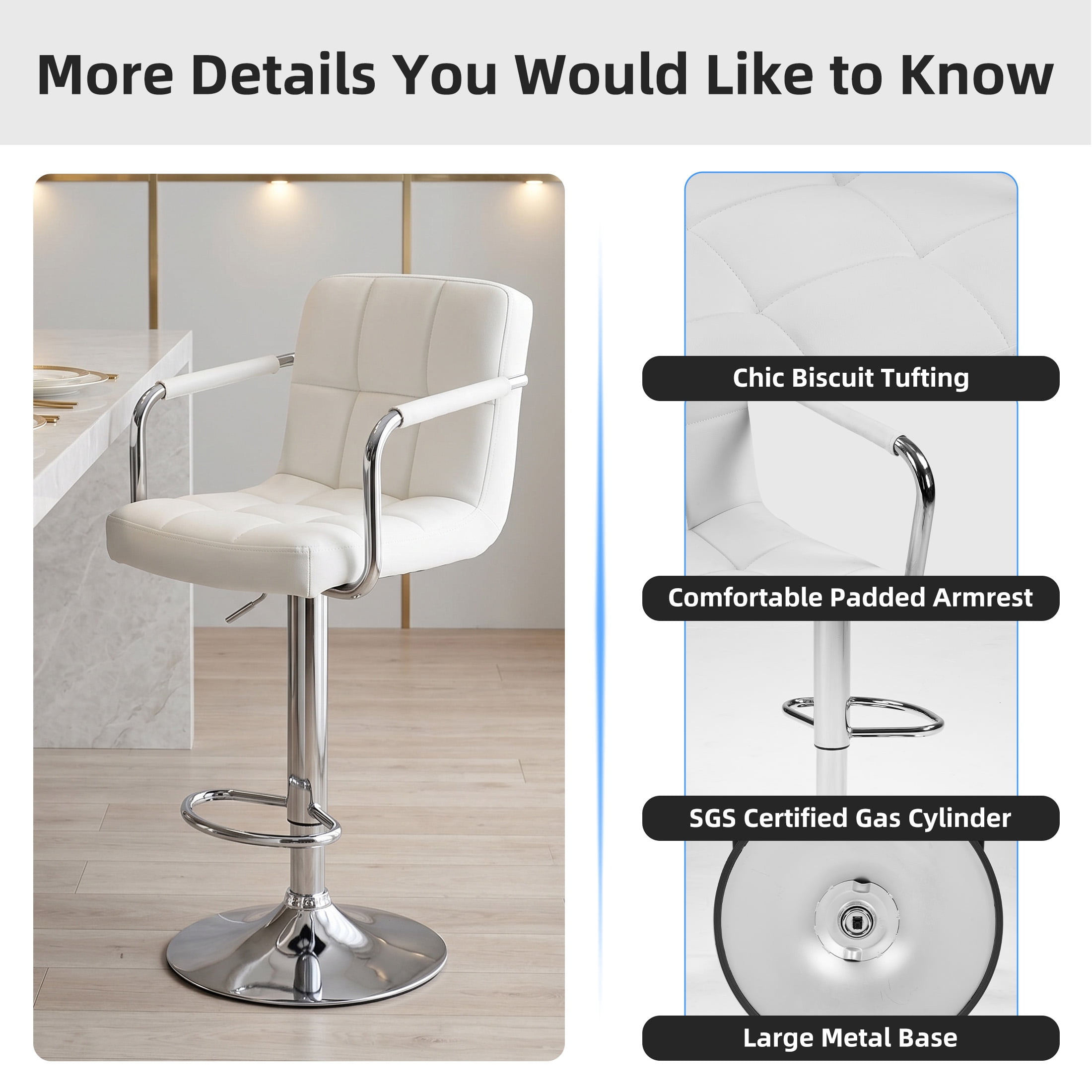 CONCETTA Set Of 2 Swivel Bar Stools With Armrests, Made of Adjustable Pu Leather with Back & Footrest,White