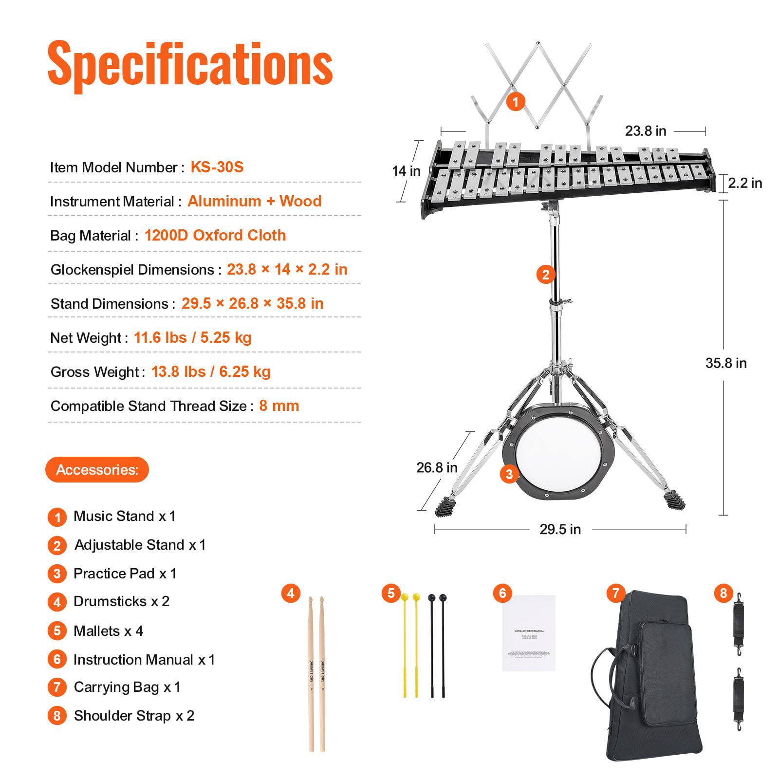 30 Note Glockenspiel Xylophone Bell Kit, Professional Percussion Instrument Set with Mallets, Drum Sticks, Music Stand, 8" Practice Pad, Adjustable Stand and Carrying Bag for Students & Adults