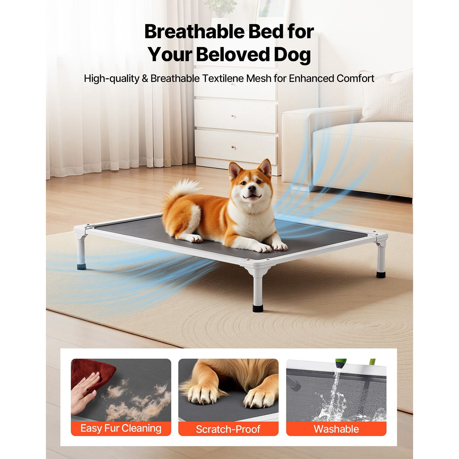 Large Portable Elevated Dog Bed with Aluminum Frame and Breathable Mesh for Indoor and Outdoor Use - Gray Color