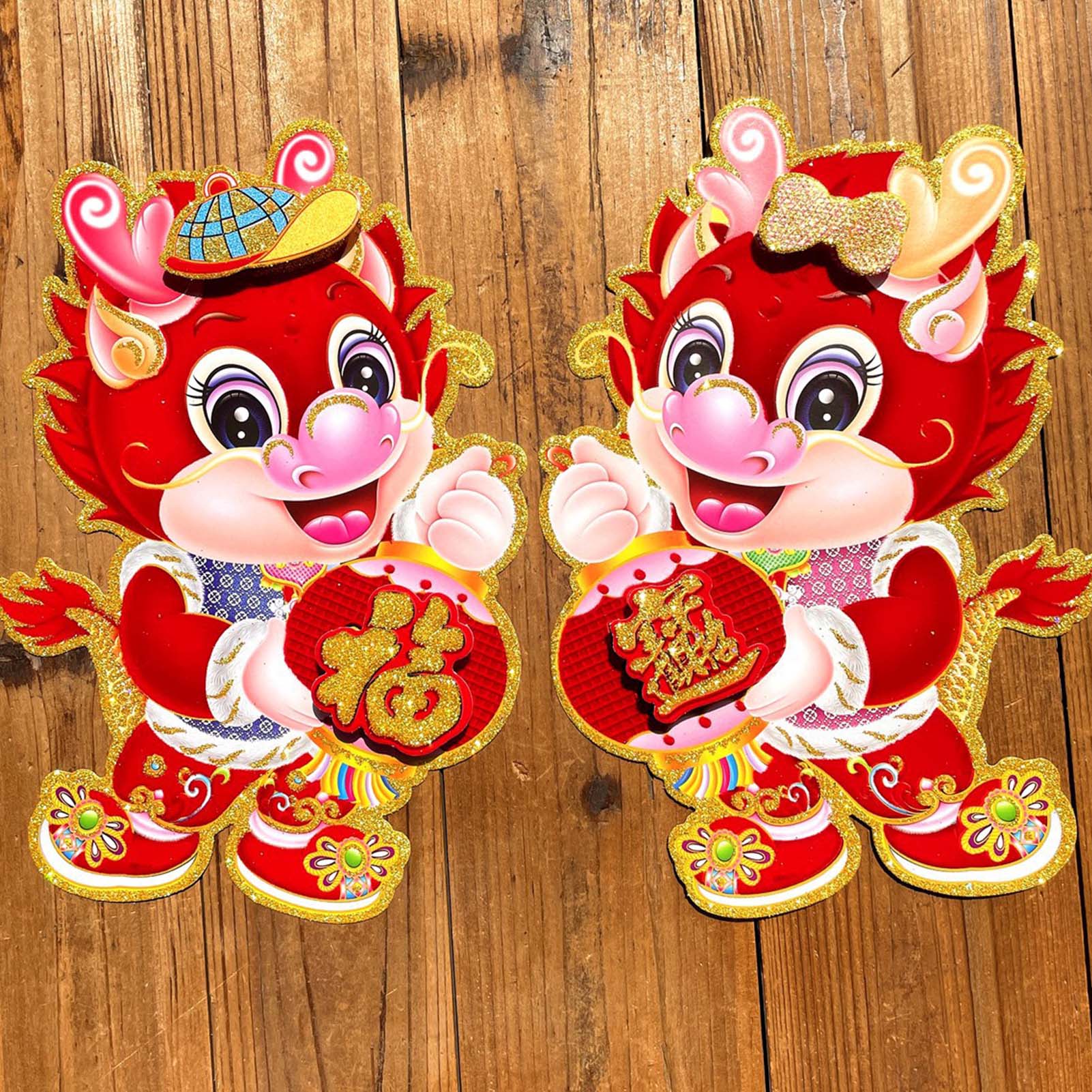 comerut 1 Pair Chinese New Year Door Stickers Sparkling Rich Color 2024 ...