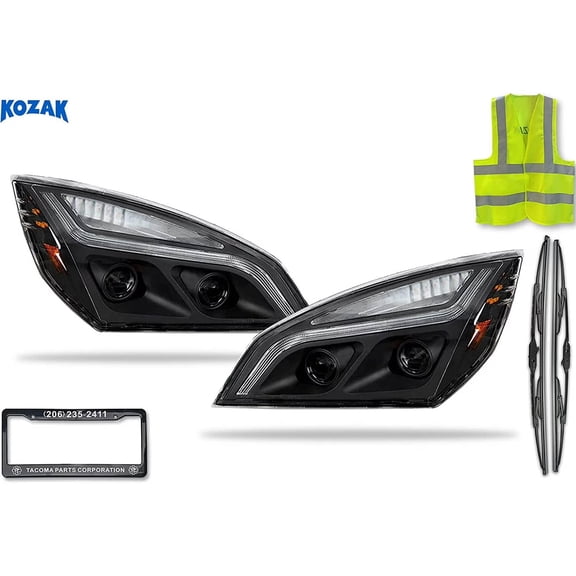 Kozak Black LED Projection Headlight Pair Set Compatible with Freightliner Cascadia 2018