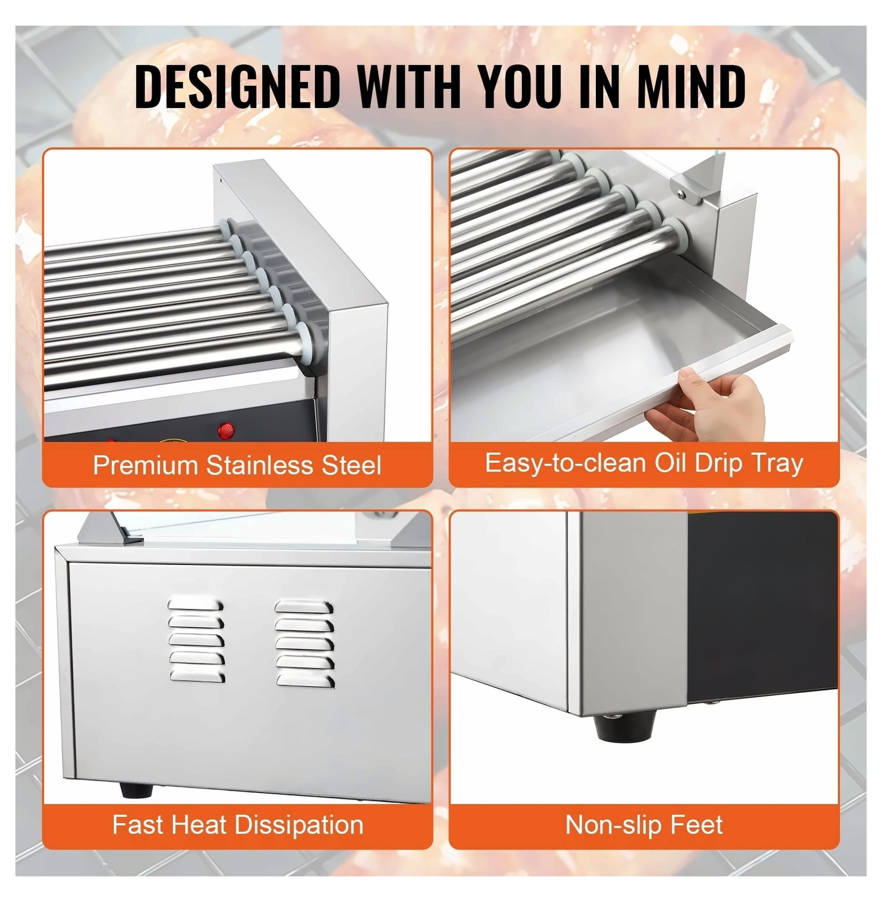 Hot Dog Roller 7 Rollers 18 Capacity 1050W Stainless Steel Sausage Grill Cooker Machine with Dual Temp Control & Bun Warmer